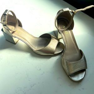 European: Gold/silver sandals with straps, size 7. (37 EU).